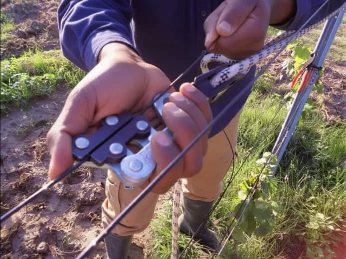 Tensado del hilo de poliéster Agropet® con tensor tipo Gripple en viñedo