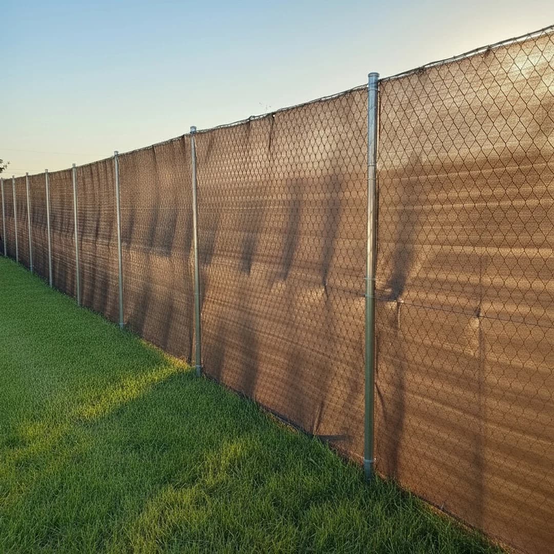 Siatka maskująca HDPE leno zamontowana na ogrodzeniu obwodowym — producent Textil Villa de Pego