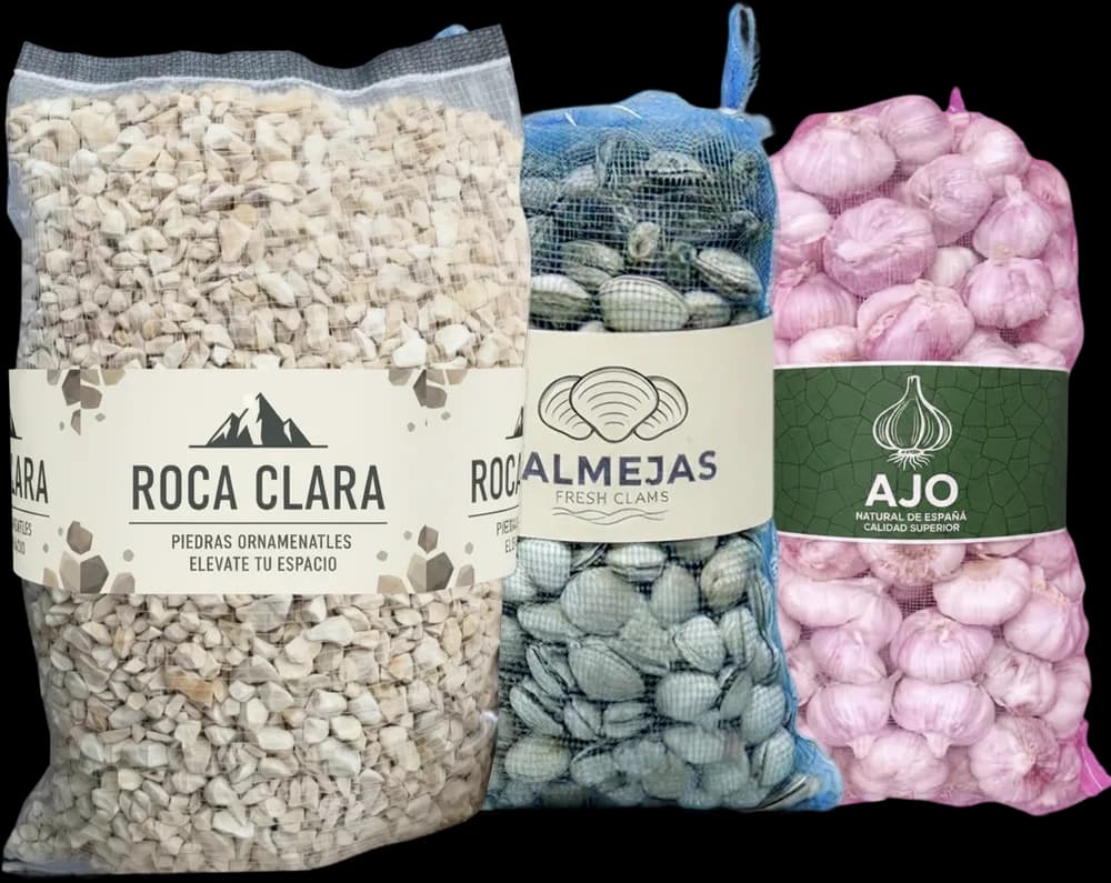 Sacos de malla monofilamento HDPE para piedras y áridos, almejas y ajos — fabricante Textil Villa de Pego